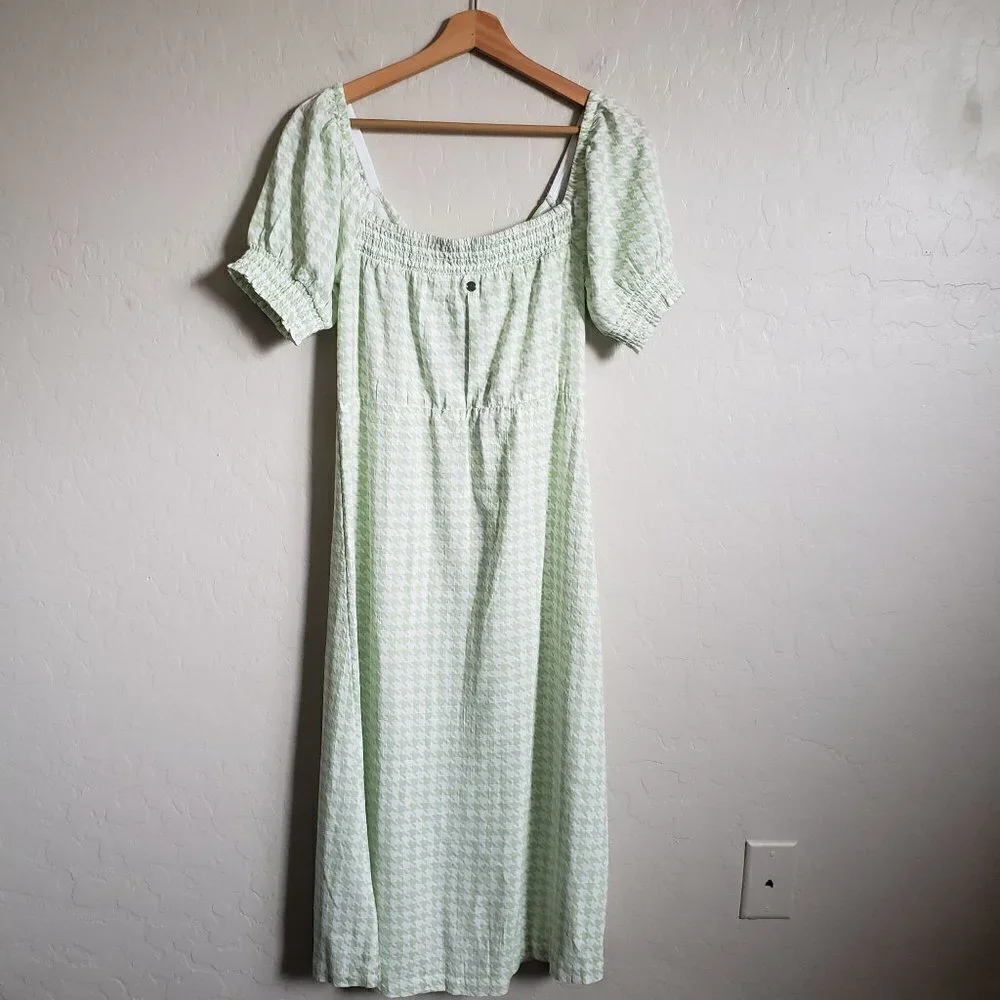 Roxy Summertime Feeling Smocked Midi Dress Houndstooth Green/White Sz Small NEW - Picture 8 of 12
